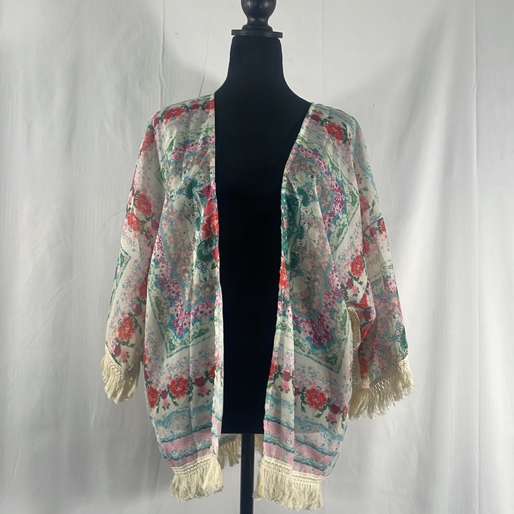 Kimono,floral cardigan,multi colored cover,mid sleeves, open with fringe, Large